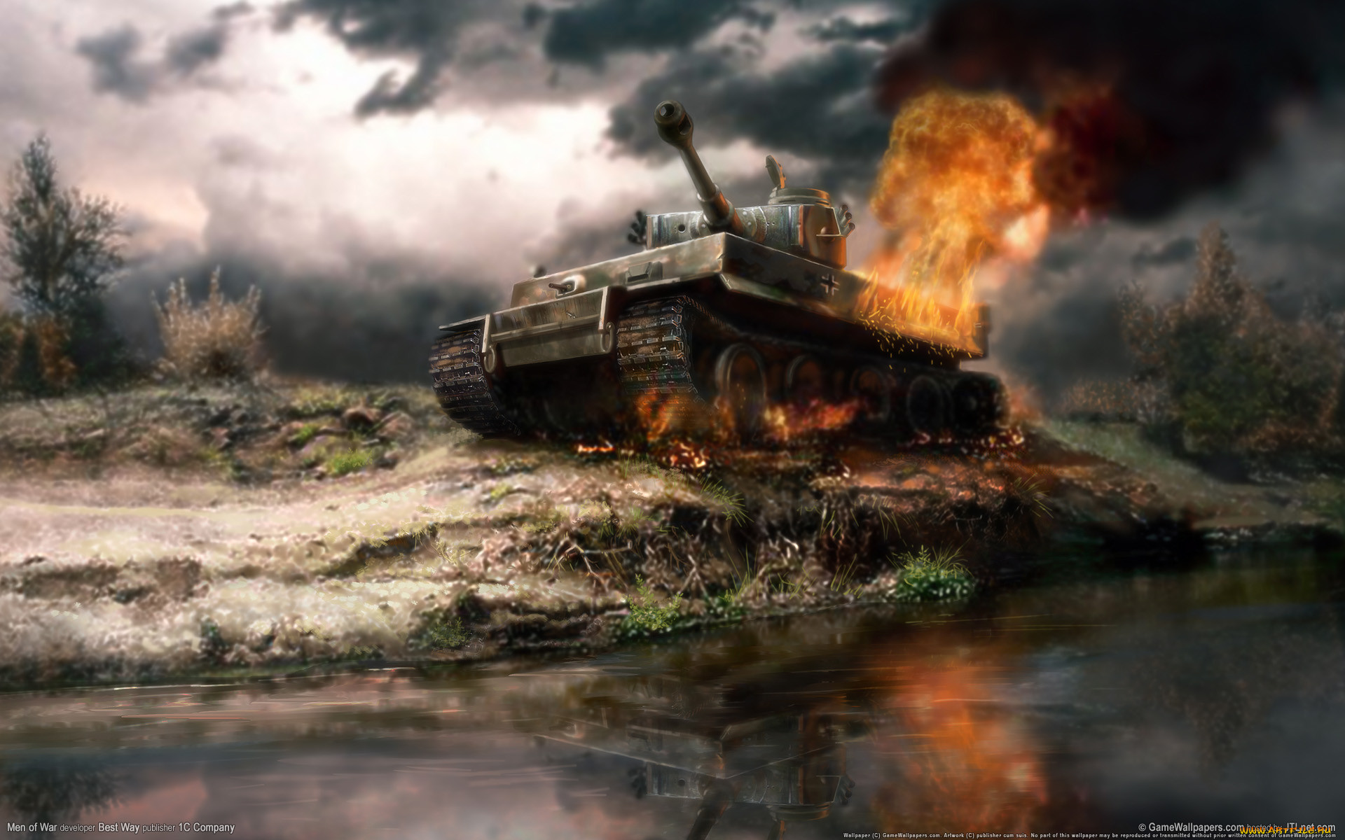 Игры немецких танков. Танковый бой. Пейзаж с танком. Танк тигр в бою.